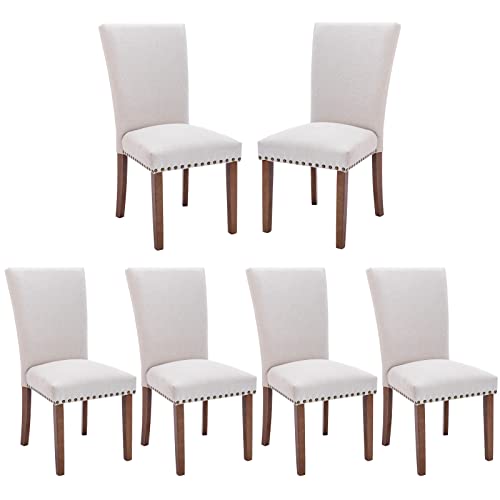 COLAMY Upholstered Parsons Dining Chairs Set of 6, Fabric Dining Room Kitchen Side Chair with Nailhead Trim and Wood Legs - Beige