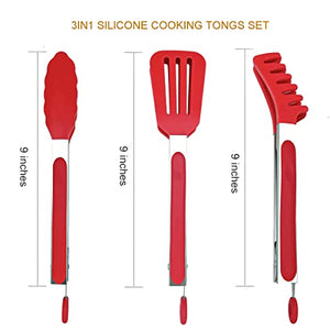 3in1 Silicone Kitchen Cooking Tongs Set, Stainless Steel