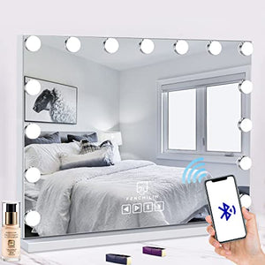 FENCHILIN Vanity Mirror with Lights and Speaker Hollywood Lighted Makeup Mirror with 15 Dimmable LED Bulbs for Dressing Room & Bedroom, Tabletop or Wall-Mounted