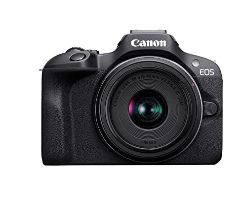 Canon EOS R100 RF-S18-45mm F4.5-6.3 is STM Lens Kit, Mirrorless Camera, RF Mount, 24.1 MP, Continuous Shooting, Eye Detection AF, Full HD Video, 4K, Lightweight, Wi-Fi, Bluetooth, Content Creation