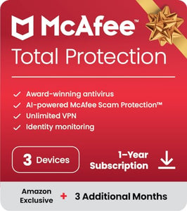 McAfee Total Protection 2024 Ready | 3 Devices | 15 Month Subscription | Cybersecurity software includes Antivirus, Secure VPN, Password Manager, Dark Web Monitoring | Amazon Exclusive | Download