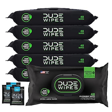DUDE Wipes - Flushable Wipes - 6 Pack, 288 Wipes - Herbal Relief Extra-Large Adult Wet Wipes - Witch Hazel & Geranium Essential Oils - Septic and Sewer Safe Butt Wipes For Adults + 3 On-The-Go Wipes